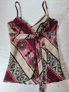 Byline Byer California Boho Camisole Top Medium Abstract Print Tie Front Tank